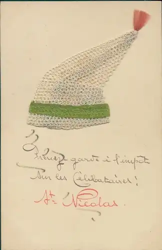 Stoff Ak St. Nicolas, Häkelmütze mit grünem Band