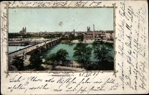 Passepartout Ak Magdeburg an der Elbe, Blick auf den Ort, Brücke