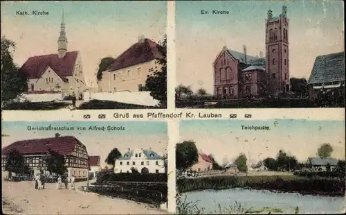 Ak Pfaffendorf Kreis Lubań Lauban Schlesien, Kirche, Teichpartie, Gerichtskretscham