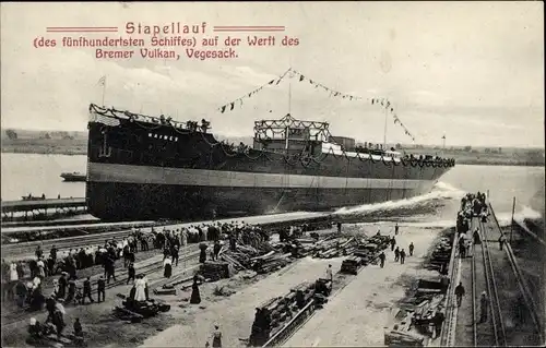 Ak Hansestadt Bremen, Stapellauf Frachtdampfer Naimes, 500. Schiff der Vulkan Werft