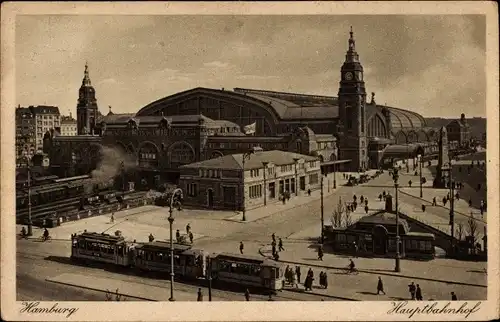 Ak Hamburg, Blick auf den Hauptbahnhof, Straßenseite, Straßenbahnen