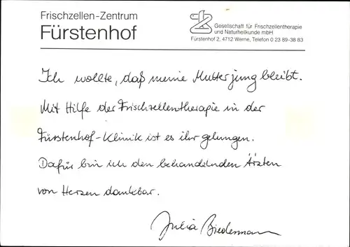 Ak Schauspielerin Julia Biedermann, Portrait, Autogramm, Reklame, Frischzellen Zentrum Fürstenhof