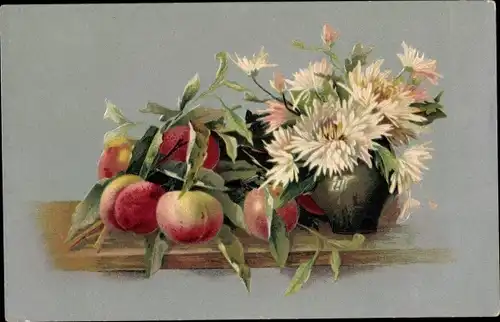 Präge Ak Stillleben, Pfirsiche am Zweig, Blumen