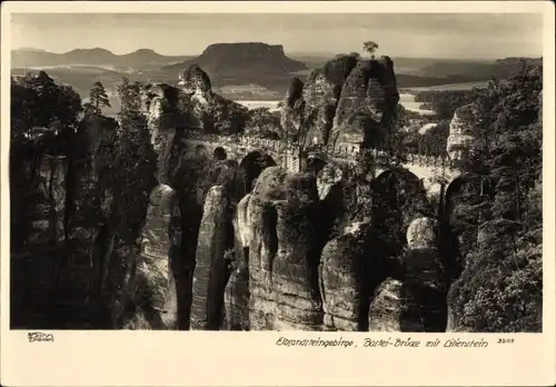 Ak Elbsandsteingebirge, Sächsische Schweiz, Basteibrücke mit Lilienstein, Walter Hahn 3205