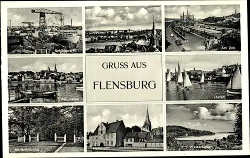 Ak Flensburg in Schleswig Holstein, Schiffswerft, Hafen, Wassersleben, Hafenamt, Zob, Marienhölzung