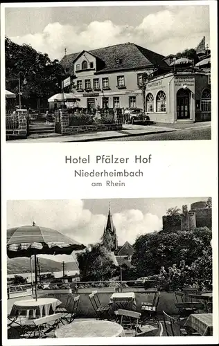 Ak Niederheimbach am Rhein, Hotel Pfälzer Hof, Außenansicht u. Terrasse