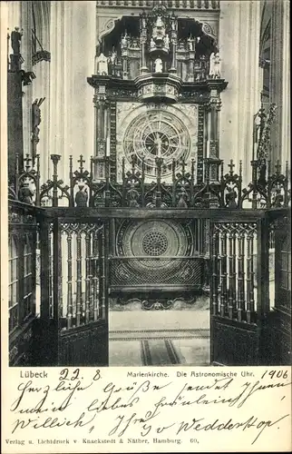 Ak Hansestadt Lübeck, Marienkirche in der Altstadt, Blick auf die "Astronomische Uhr"