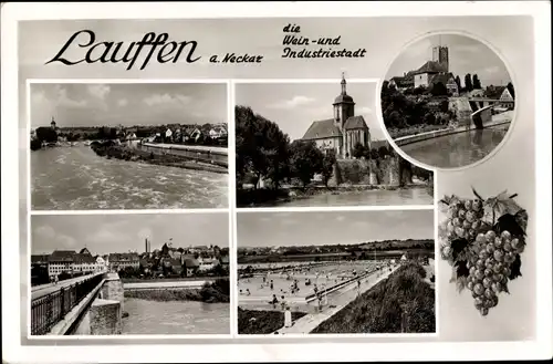 Ak Lauffen am Neckar, Kirche, Schwimmbad, Brücke, Teilansicht, Weintrauben