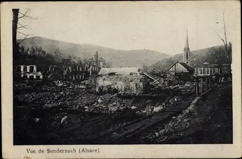 Ak Sondernach Elsass Haut Rhin, Blick auf den Ort, Kriegszerstörungen, I. WK