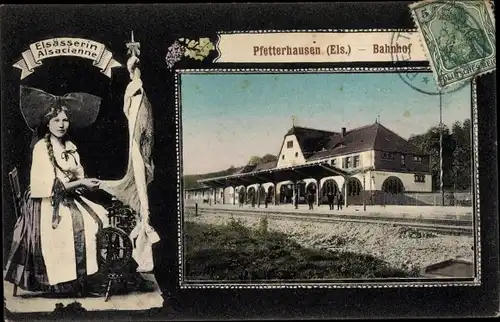 Ak Pfetterhouse Pfetterhausen Elsass Haut Rhin, Elsässerin, Bahnhof, Spinnrad