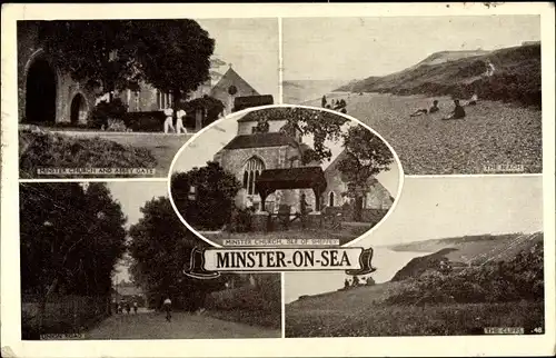 Ak Minster on Sea Isle of Sheppey Kent England, Minster Church, Abbey Gate, Cliffs,Beach, Union Road