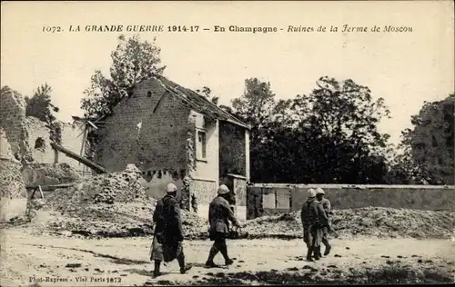 Ak Champagne, Ruines de la Ferme de Moscou, La Grande Guerre 1914-1917