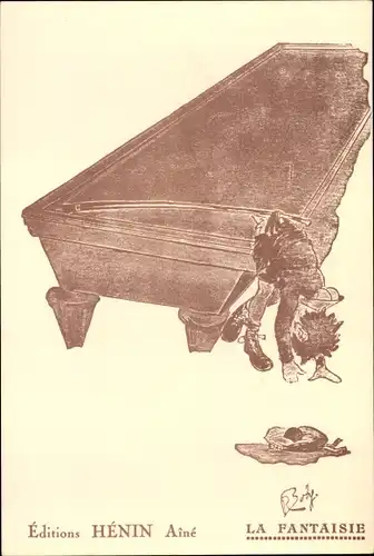 Künstler Ak La Fantaisie, Junge hängt am Queue fest, Billard