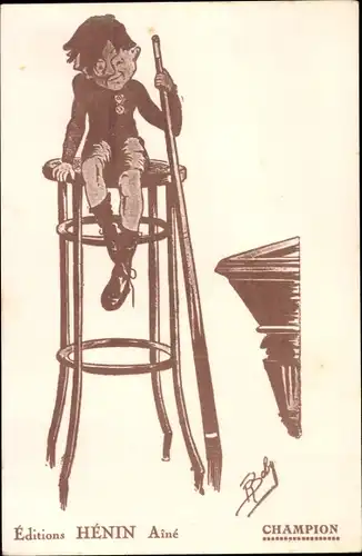 Künstler Ak Champion, Junge mit Queue, Billard