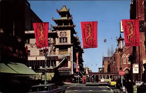 Ak San Francisco Kalifornien USA, Chinatown, Cable Car, Grant Avenue