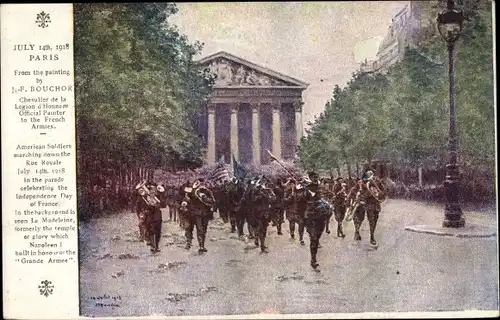 Künstler Ak Bouchoir, J. F., July 14th, 1918, Paris, American Soldiers, Rue Royale