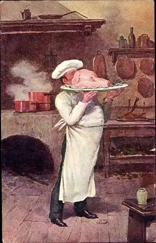 Künstler Ak Koch in der Küche mit Schweinskopf auf einer Platte, Herdstelle