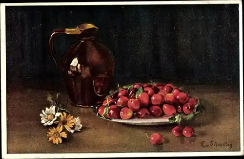 Künstler Ak Früchtestillleben, Kirschen auf einem Teller, Krug, Blumen