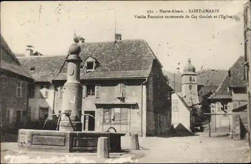 Ak Saint Amarin Elsass Haut Rhin, Fontaine sur montee du Coq Gaulois, Kirche