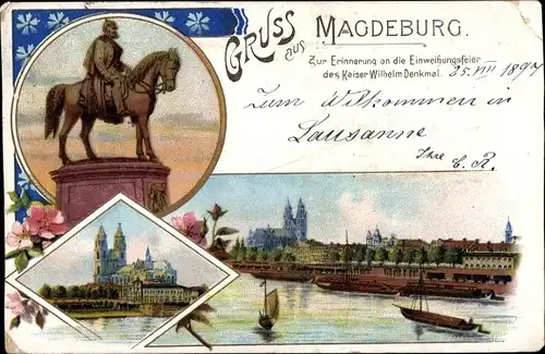 Litho Magdeburg, Kaiser Wilhelm Reiterdenkmal, Einweihung, Dom
