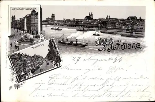 Litho Magdeburg, Hasselbach Monument, Breiteweg, Elbpanorama