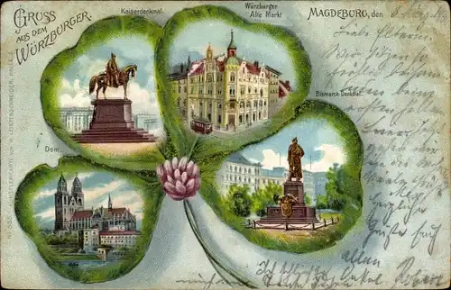 Kleeblatt Litho Magdeburg, Gasthaus Würzburger, Alter Markt, Kaiserdenkmal, Dom, Bismarckdenkmal