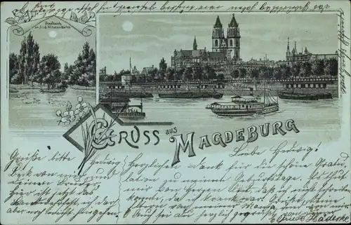 Mondschein Litho Magdeburg, Dom von der Elbe aus, Friedrich Wilhelms Garten, Inselteich