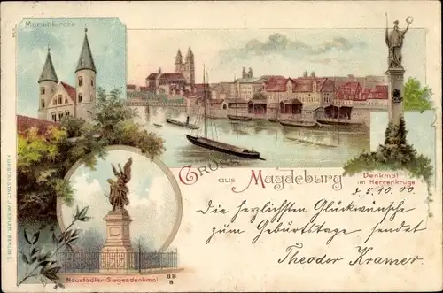 Litho Magdeburg, Marienkirche, Denkmal im Herrenkruge, Neustädter Siegesdenkmal