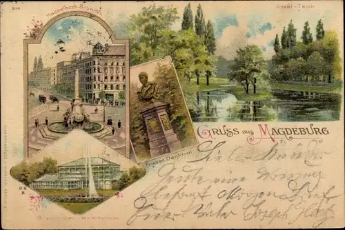 Litho Magdeburg, Hasselbachbrunnen, Inselteich, Friesendenkmal, Gruson'sches Gewächshaus