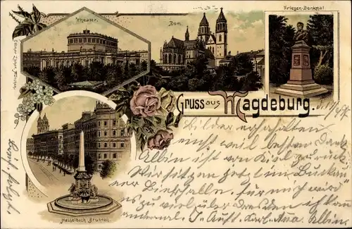 Litho Magdeburg, Theater, Hasselbachbrunnen, Dom, Friesendenkmal