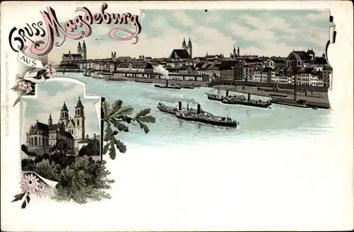 Litho Magdeburg an der Elbe, Dom, Panorama, Dampfer
