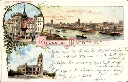 Litho Magdeburg, Gesamtansicht, Dom, Kaiser Otto Denkmal