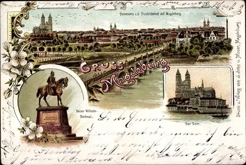 Litho Magdeburg, Gesamtansicht von der Friedrichstadt aus, Kaiser Wilhelm Denkmal, Dom