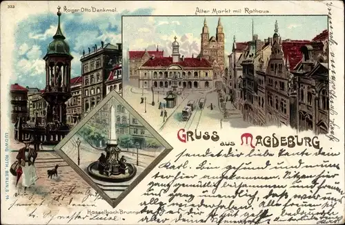 Litho Magdeburg, Kaiser Otto Denkmal, Alter Markt mit Rathaus, Hasselbachbrunnen
