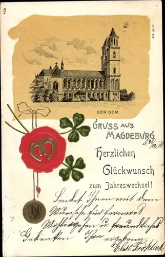 Litho Magdeburg, Der Dom, Glückwunsch Neujahr, Klee, Siegel, Hufeisen