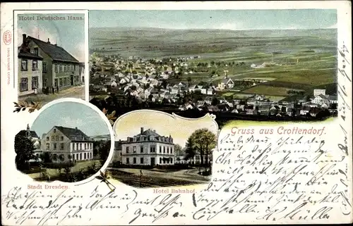 Ak Crottendorf Erzgebirge, Hotel Bahnhof, Deutsches Haus, Gasthaus Stadt Dresden, Stadtpanorama