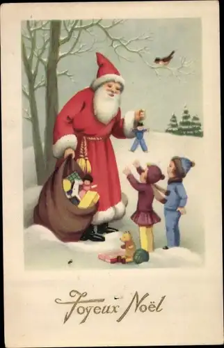 Ak Frohe Weihnachten, Joyeux Noel, Weihnachtsmann, Kinder, Spielzeuge, Teddybär