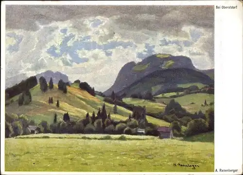 Künstler Ak Rasenberger, A., Oberstdorf im Oberallgäu, Blick auf den Ort, Hügel, Wiese