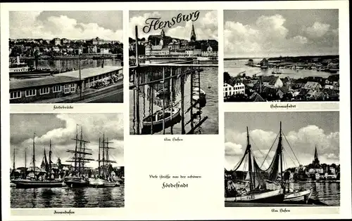 Ak Flensburg, Blick auf den Hafen und die Fördebrücke