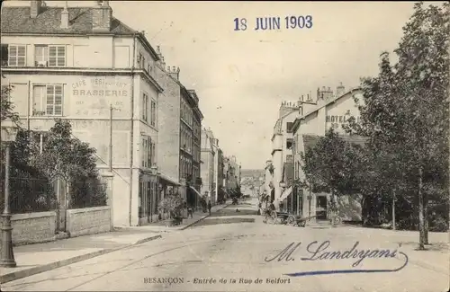 Ak Besançon Doubs, Entree de la Rue de Belfort