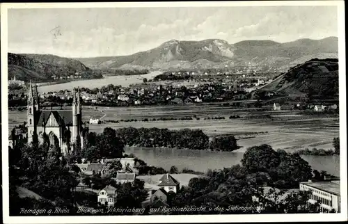 Ak Remagen am Rhein, Blick vom Victoriaberg, Apollinariskirche, Siebengebirge