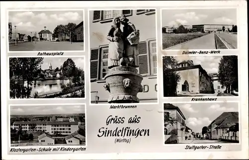 Ak Sindelfingen BW, Marktbrunnen, Rathausplatz, Daimler Benz Werk, Schule, Krankenhaus