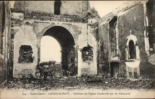 Ak Aspach le Haut Oberaspach Elsass Haut Rhin, Interieur de l'Eglise bombardee par les Allemands