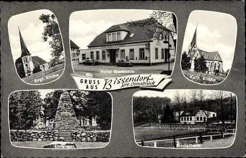 Ak Bissendorf in Niedersachsen, Evgl. Kirche, Ehrenmal, Kath. Kirche, Kinderheim, Hotel Germania