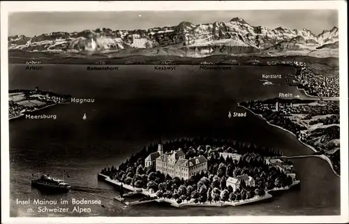Ak Insel Mainau im Bodensee, Luftbild der Insel mit Schweizer Alpen