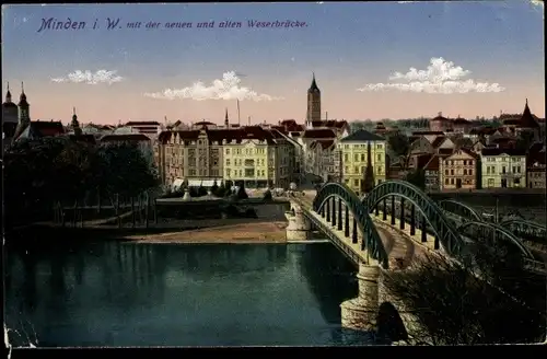 Ak Minden in Westfalen, Partie mit der neuen und alten Weserbrücke