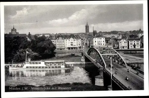 Ak Minden in Westfalen, Weserbrücke mit Weserbrücke, Salondampfer