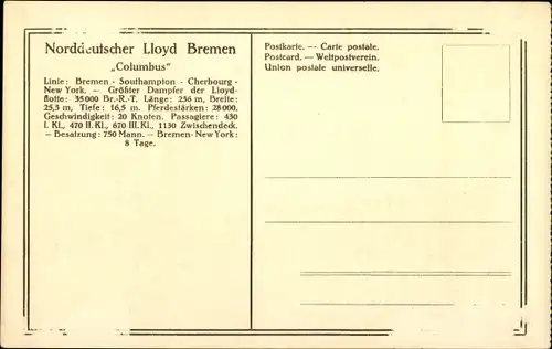 Ak Norddeutscher Lloyd Bremen, Salondampfer Columbus