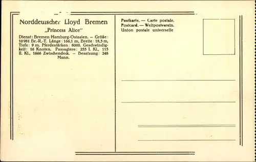 Ak Norddeutscher Lloyd Bremen, Dampfer Princess Alice