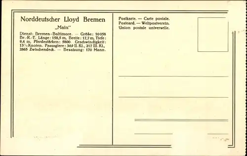 Ak Dampfer Main, Frachtschiff, Norddeutscher Lloyd Bremen